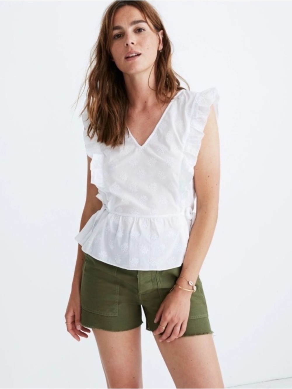 Madewell - White Eyelet Ruffle V-Neck Peplum Top - XXS